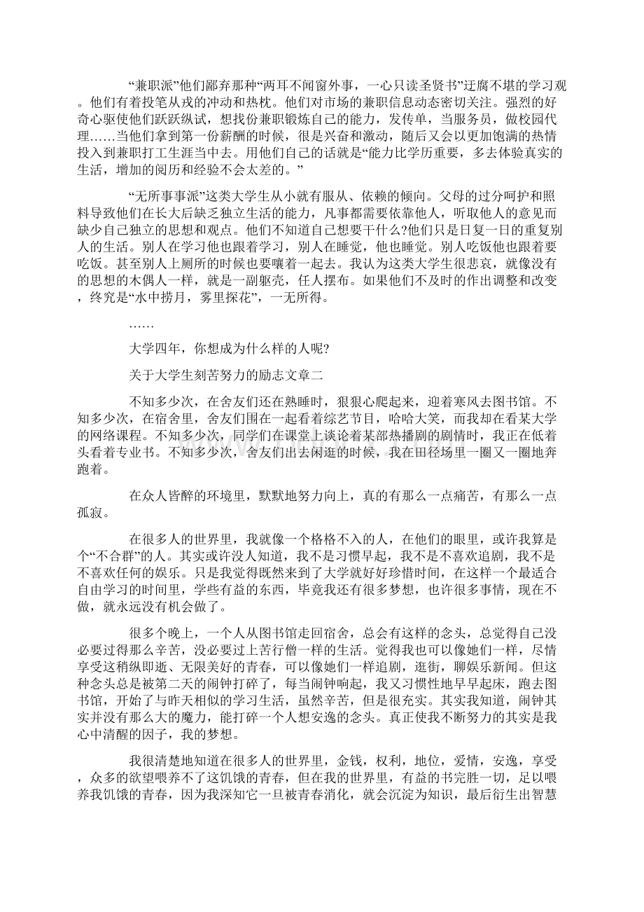 精选最新关于大学生刻苦努力的励志文章Word文档格式.docx_第2页