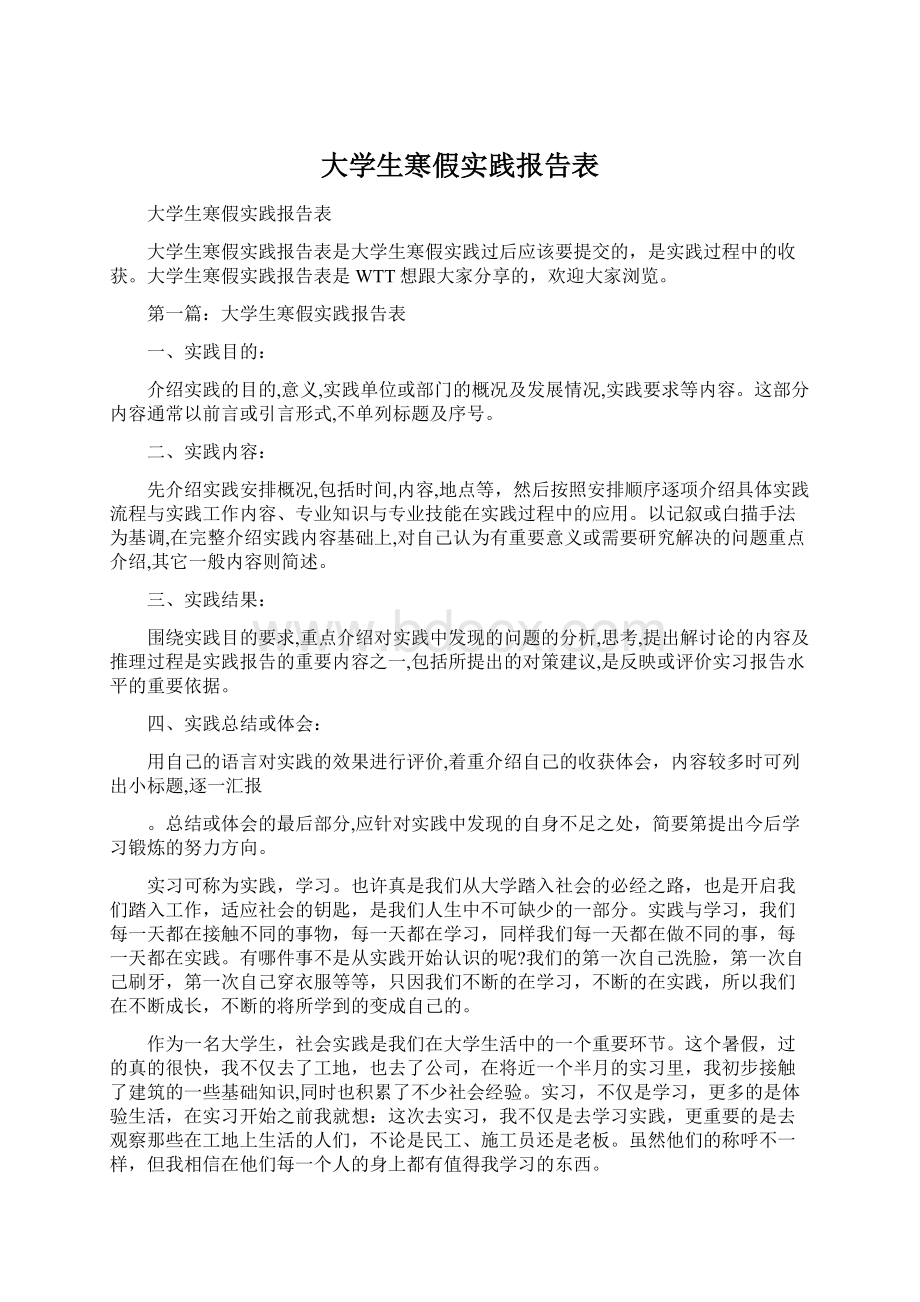 大学生寒假实践报告表Word下载.docx