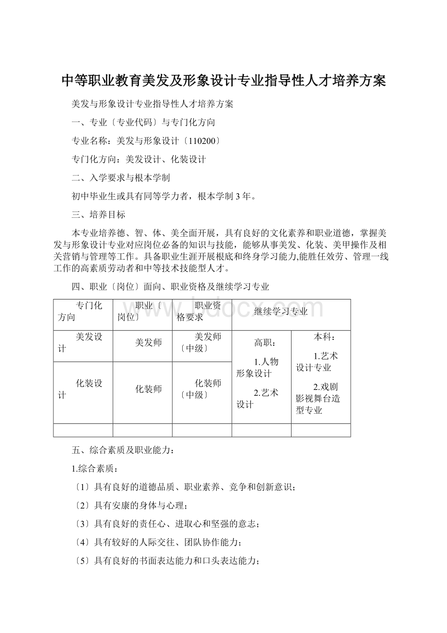 中等职业教育美发及形象设计专业指导性人才培养方案Word下载.docx_第1页