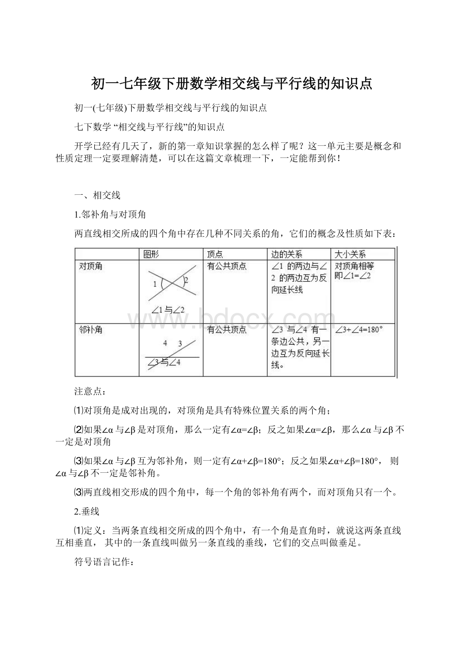 初一七年级下册数学相交线与平行线的知识点.docx_第1页