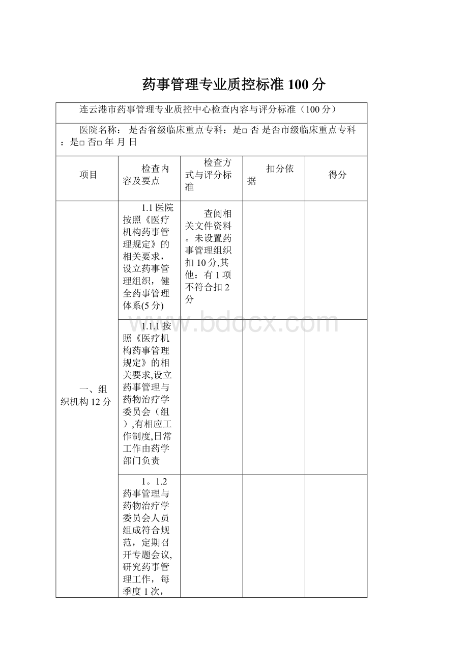 药事管理专业质控标准100分Word格式文档下载.docx_第1页