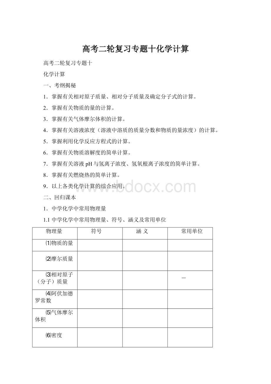 高考二轮复习专题十化学计算Word格式.docx_第1页