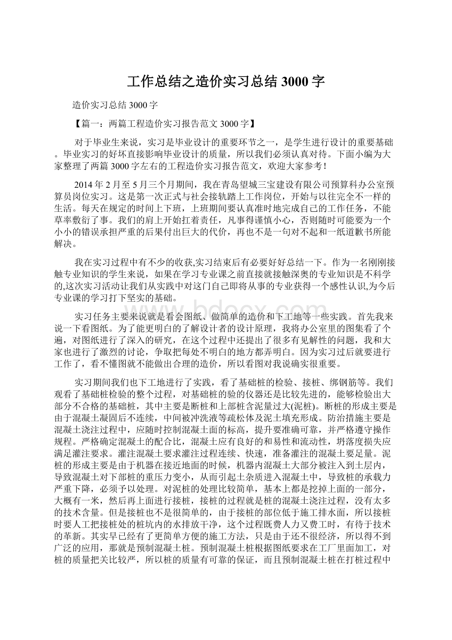 工作总结之造价实习总结3000字Word文件下载.docx_第1页