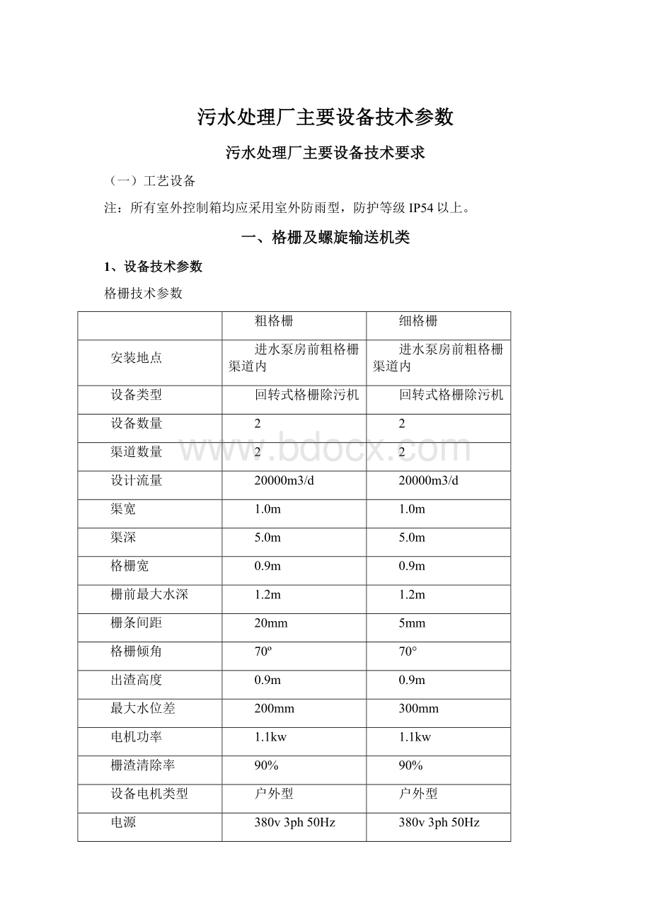 污水处理厂主要设备技术参数.docx