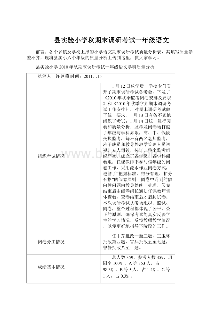 县实验小学秋期末调研考试一年级语文文档格式.docx