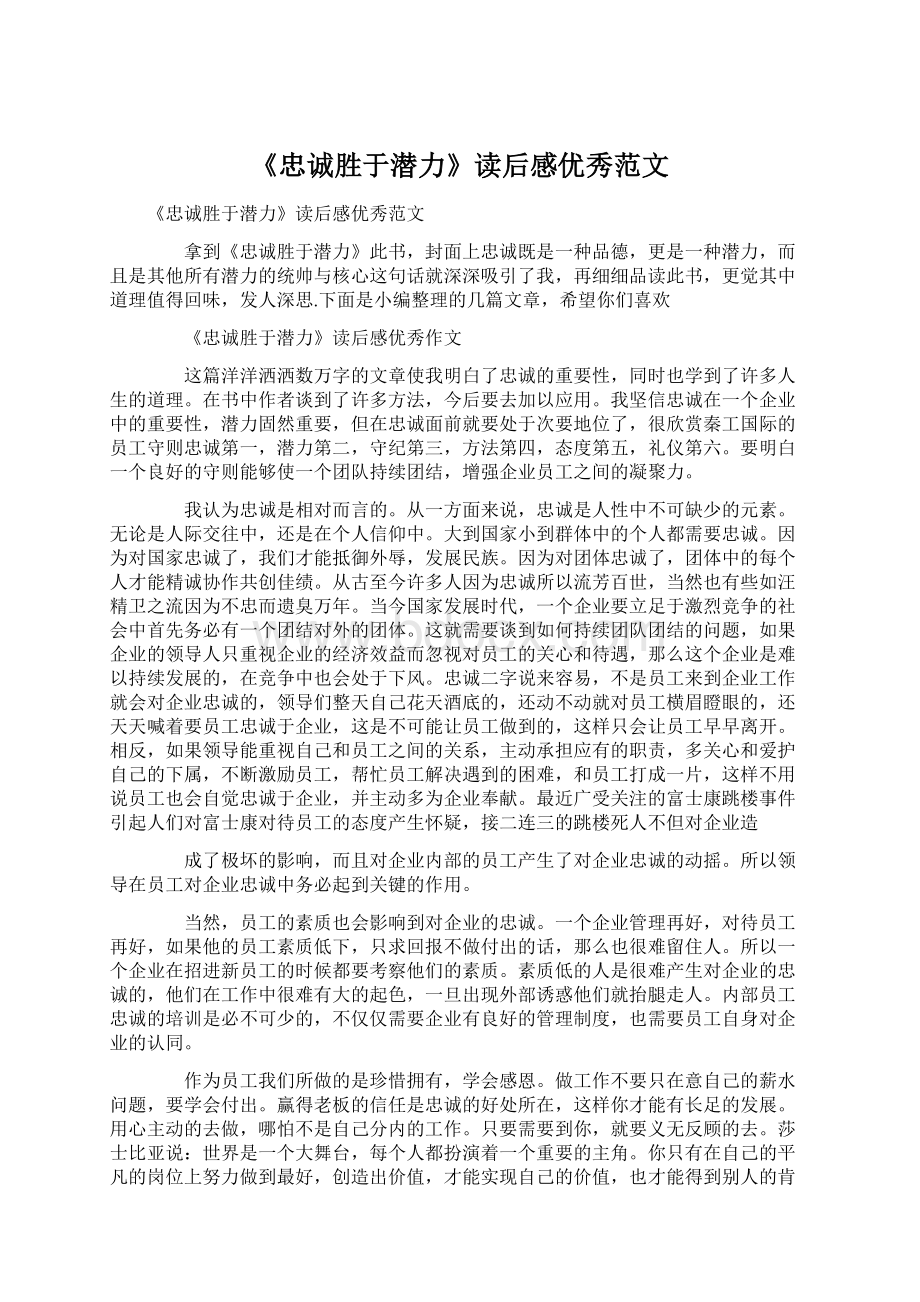 《忠诚胜于潜力》读后感优秀范文Word格式.docx_第1页