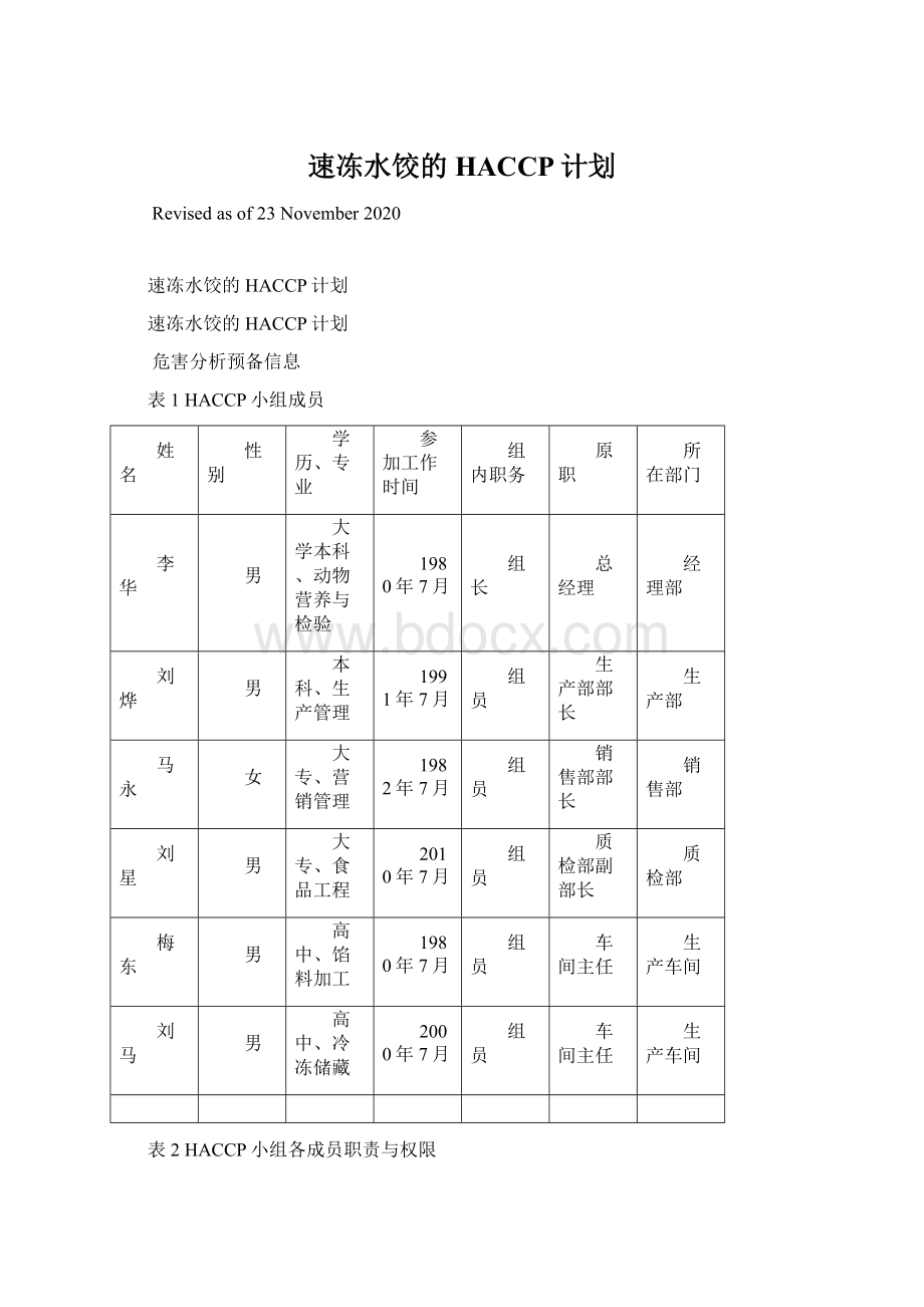 速冻水饺的HACCP计划.docx_第1页