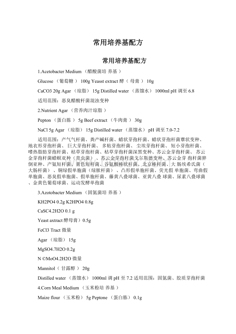 常用培养基配方Word文档下载推荐.docx