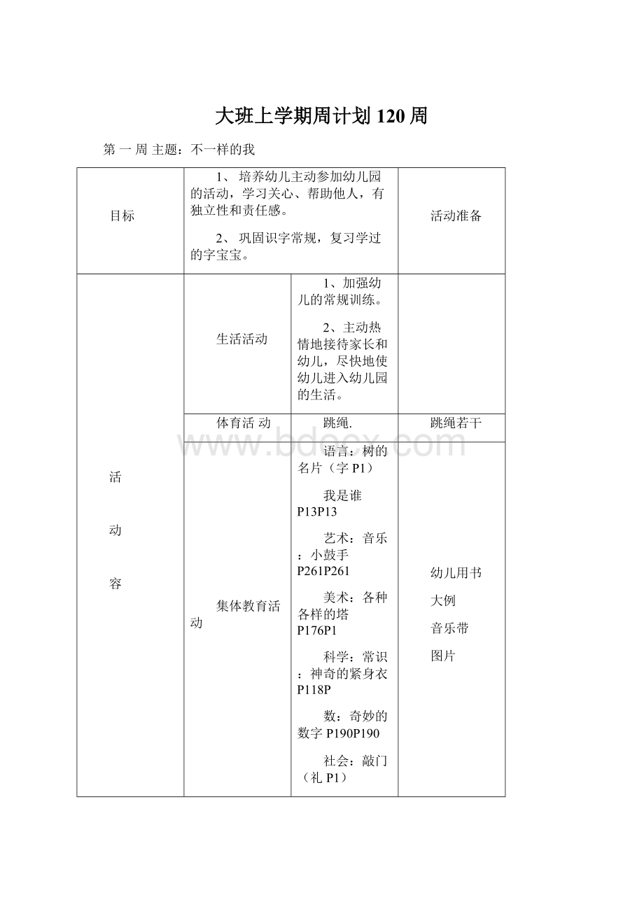 大班上学期周计划120周Word格式文档下载.docx_第1页