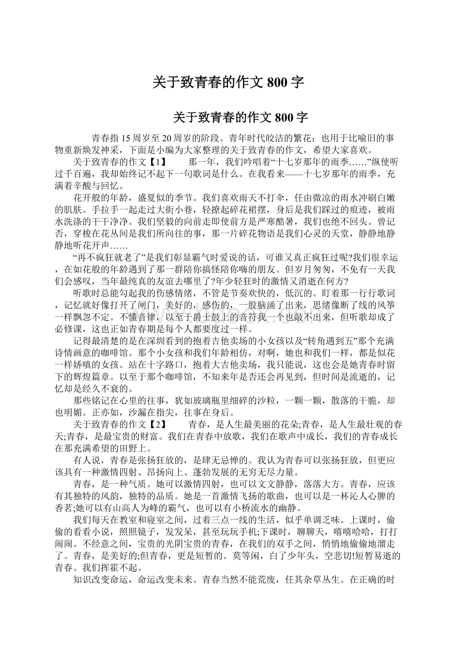 关于致青春的作文800字Word格式.docx_第1页