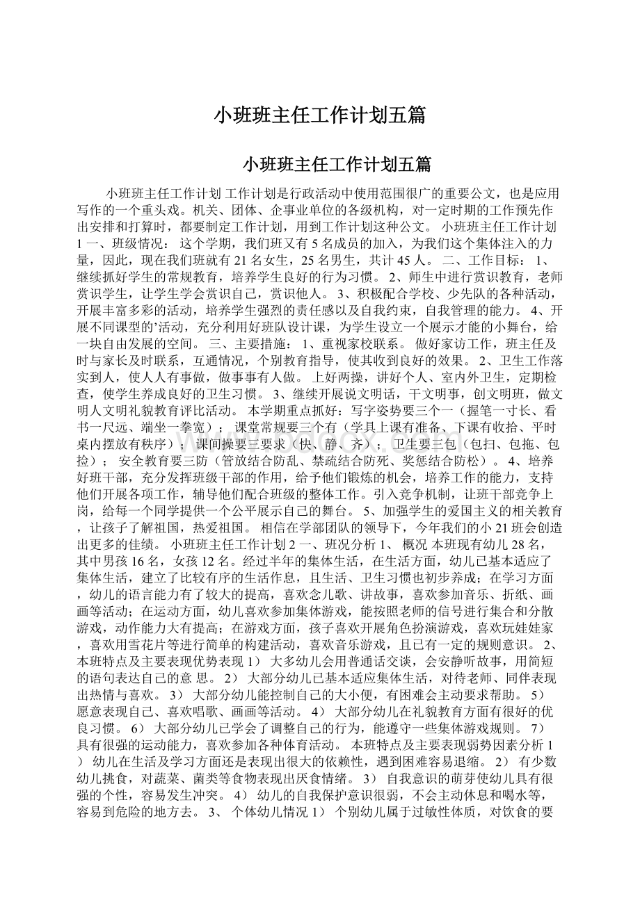 小班班主任工作计划五篇Word格式文档下载.docx