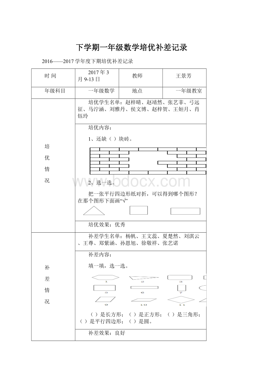 下学期一年级数学培优补差记录Word文档格式.docx_第1页