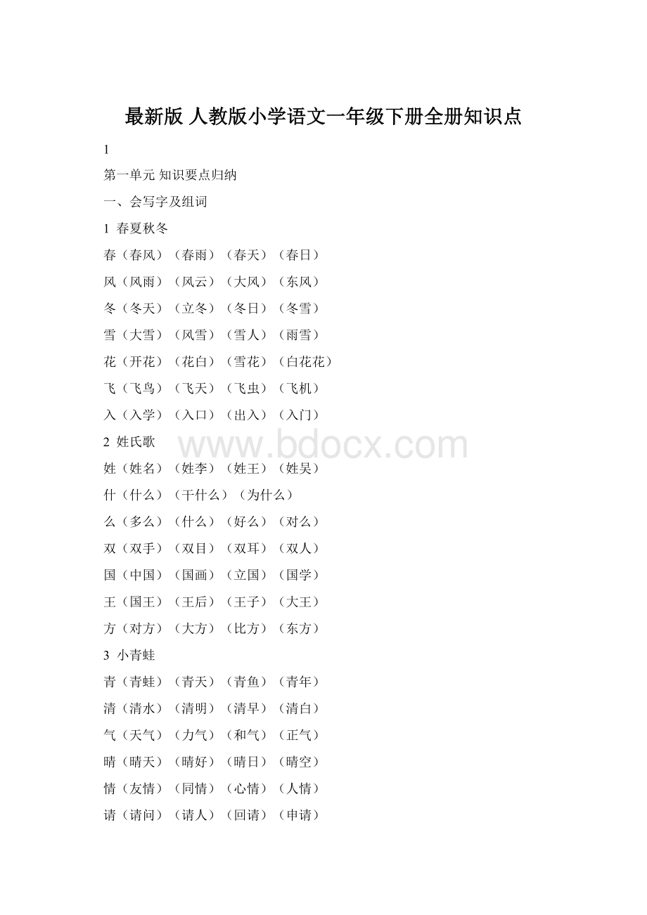 最新版 人教版小学语文一年级下册全册知识点Word下载.docx