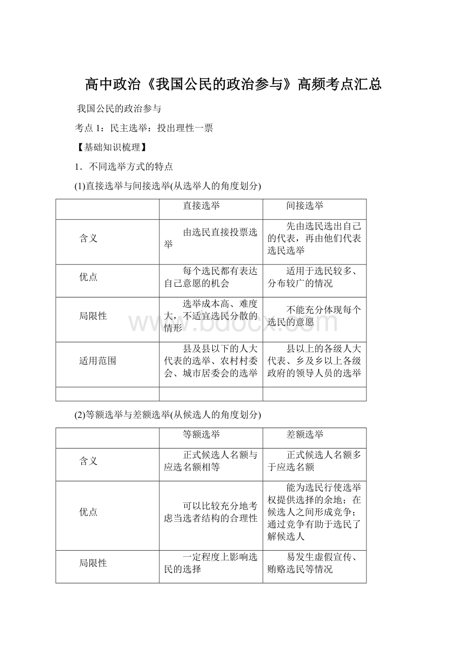 高中政治《我国公民的政治参与》高频考点汇总.docx_第1页