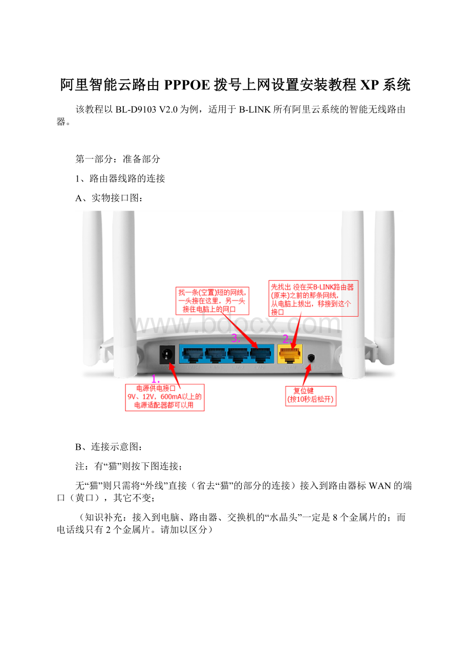 阿里智能云路由PPPOE拨号上网设置安装教程XP系统Word文档下载推荐.docx_第1页