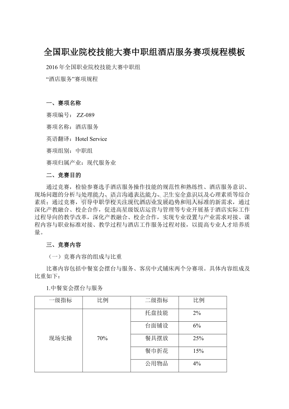 全国职业院校技能大赛中职组酒店服务赛项规程模板Word文件下载.docx