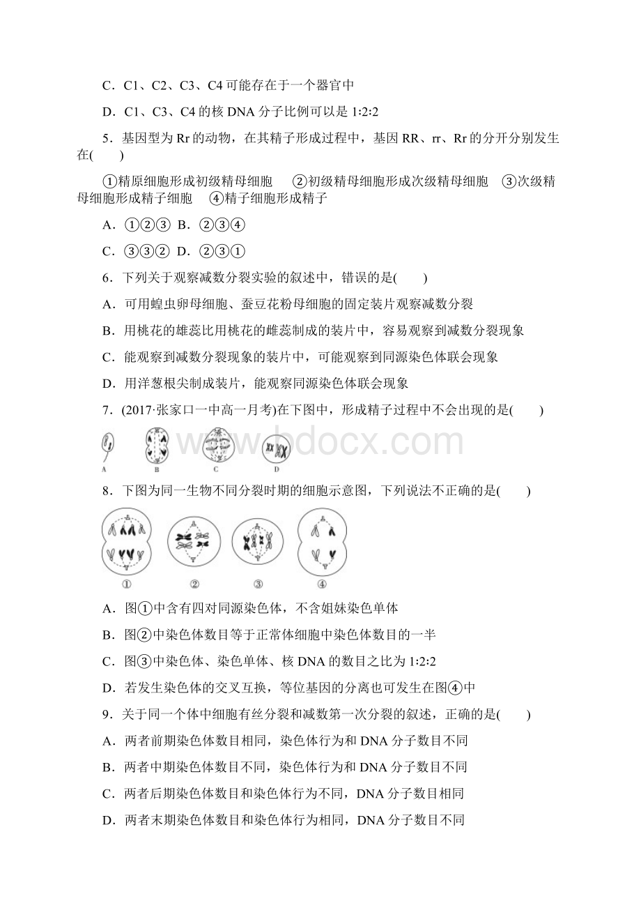 人教版高中生物必修二第章基因和染色体的关系单元测试题含标准答案Word格式文档下载.docx_第2页