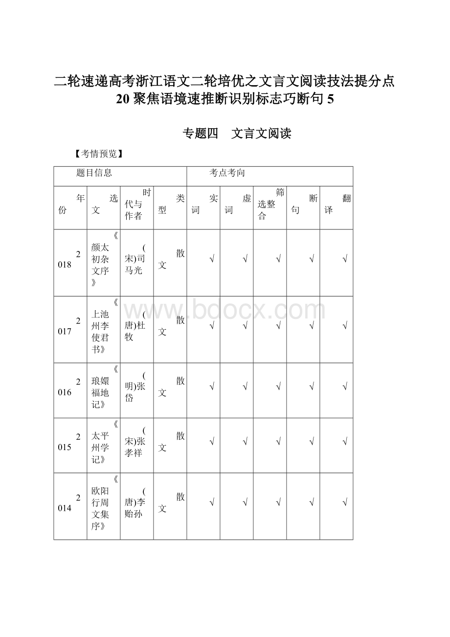 二轮速递高考浙江语文二轮培优之文言文阅读技法提分点20聚焦语境速推断识别标志巧断句5Word文档格式.docx