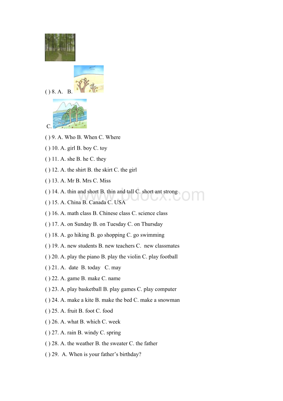 PEP小学英语五年级听力习题 含听力内容及答案Word下载.docx_第2页