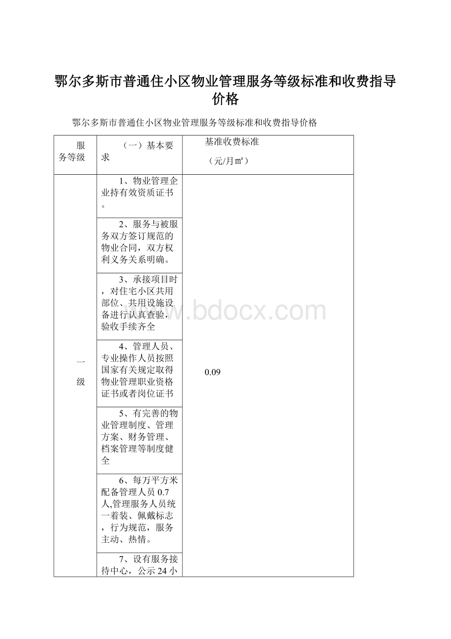 鄂尔多斯市普通住小区物业管理服务等级标准和收费指导价格.docx_第1页