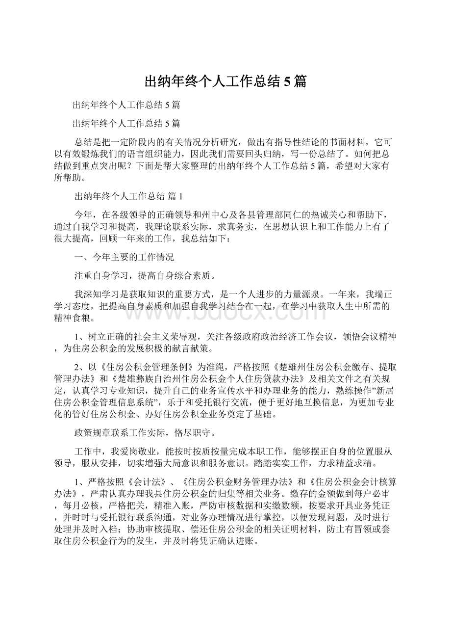 出纳年终个人工作总结5篇Word格式文档下载.docx_第1页