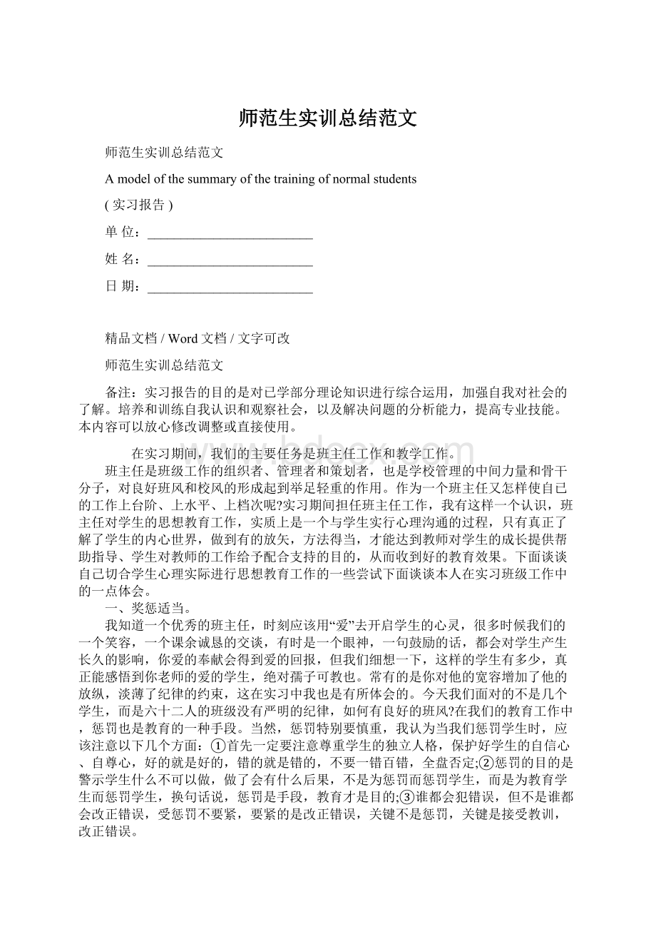 师范生实训总结范文Word文档格式.docx