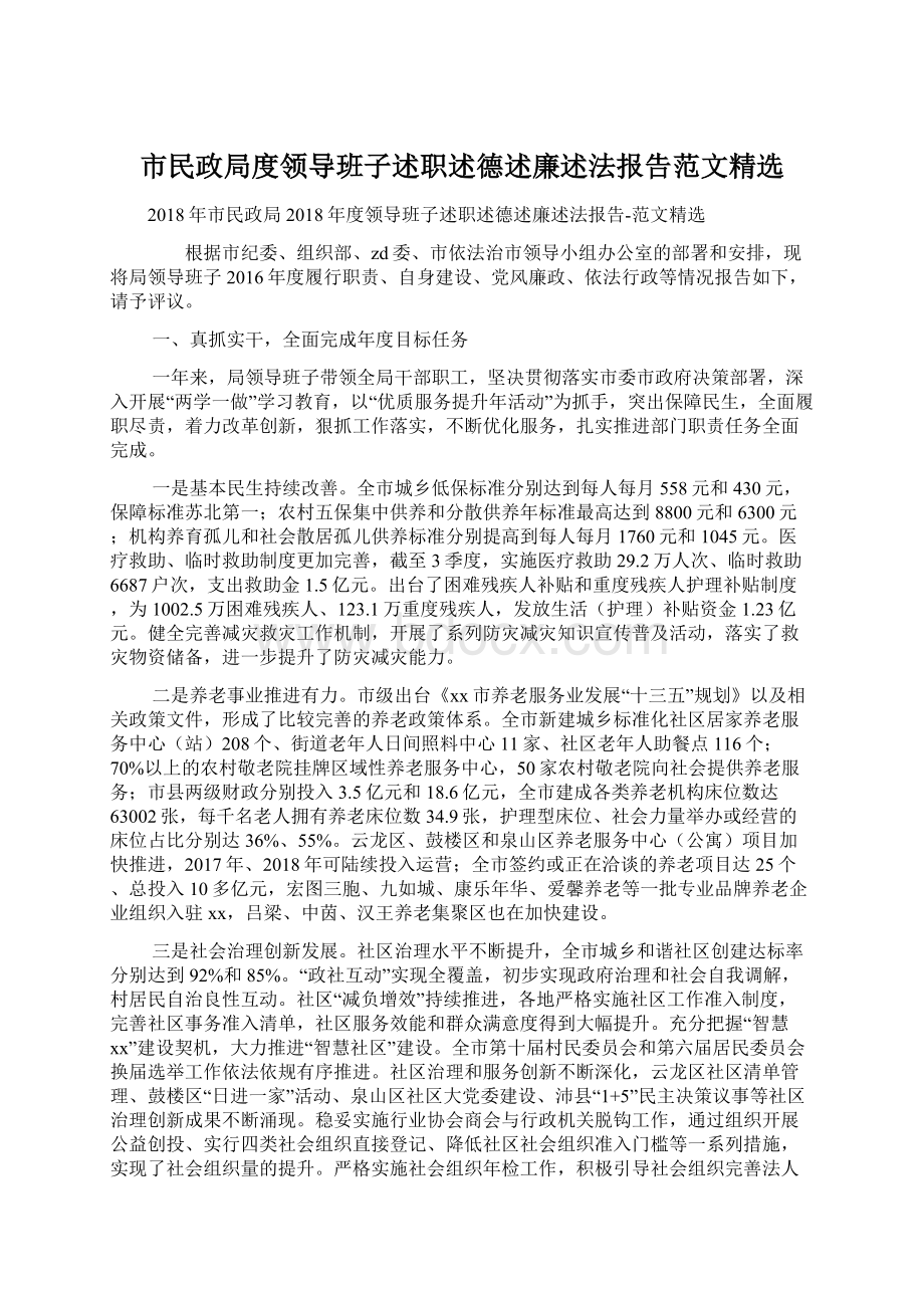 市民政局度领导班子述职述德述廉述法报告范文精选.docx