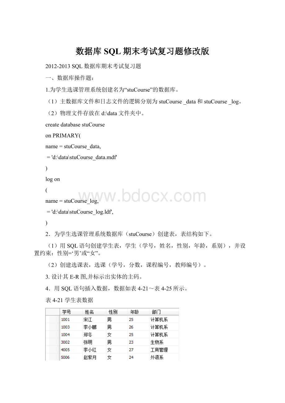 数据库SQL期末考试复习题修改版Word格式文档下载.docx