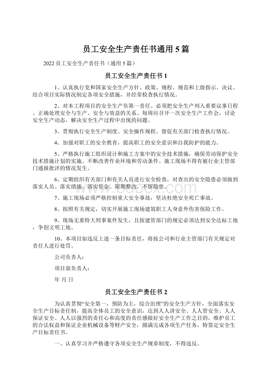 员工安全生产责任书通用5篇.docx