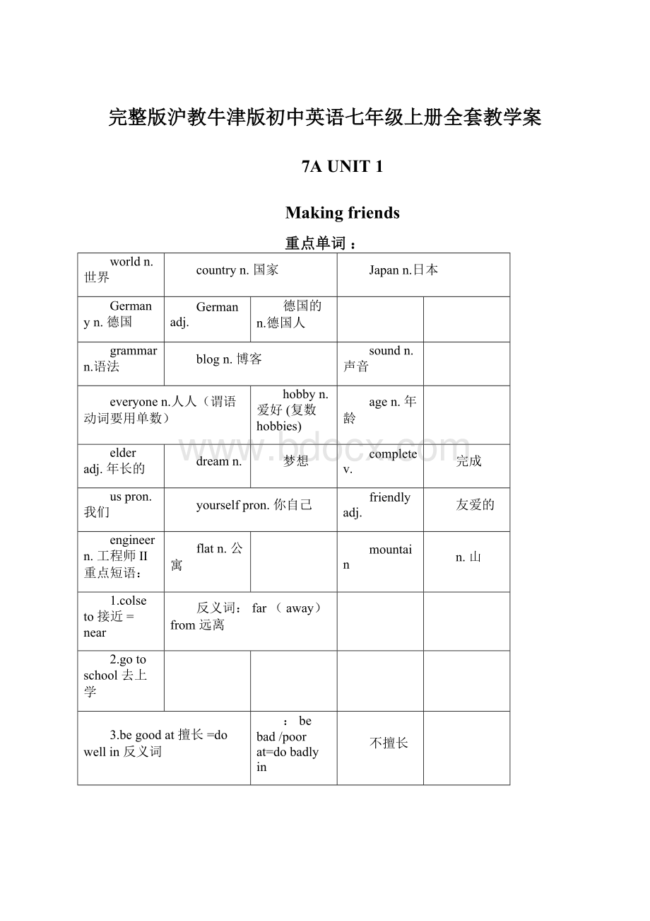 完整版沪教牛津版初中英语七年级上册全套教学案Word文档下载推荐.docx