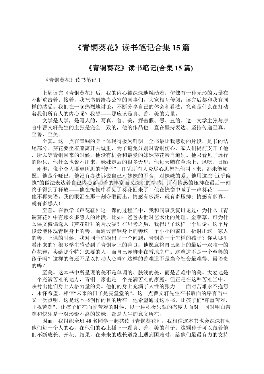 《青铜葵花》读书笔记合集15篇Word格式文档下载.docx