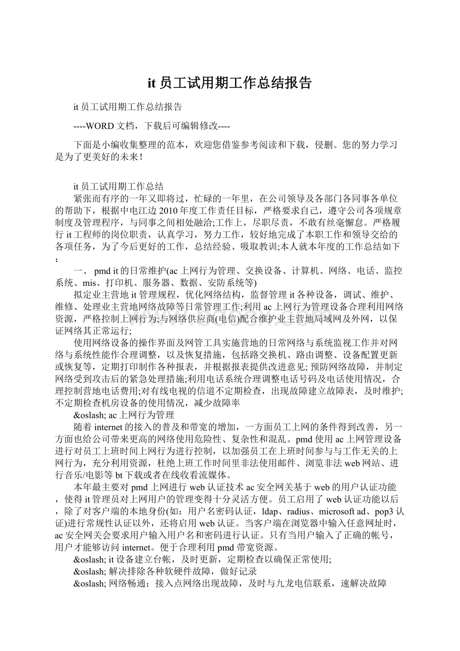 it员工试用期工作总结报告Word下载.docx