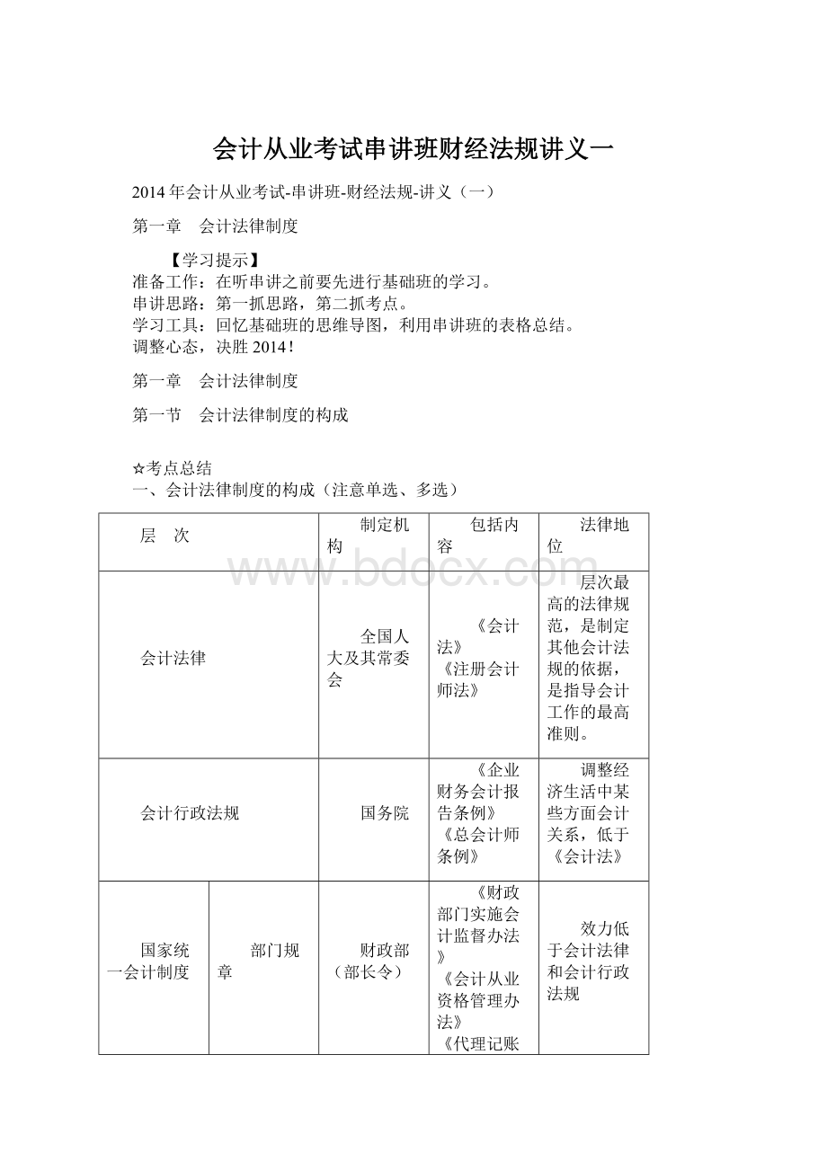 会计从业考试串讲班财经法规讲义一Word下载.docx_第1页