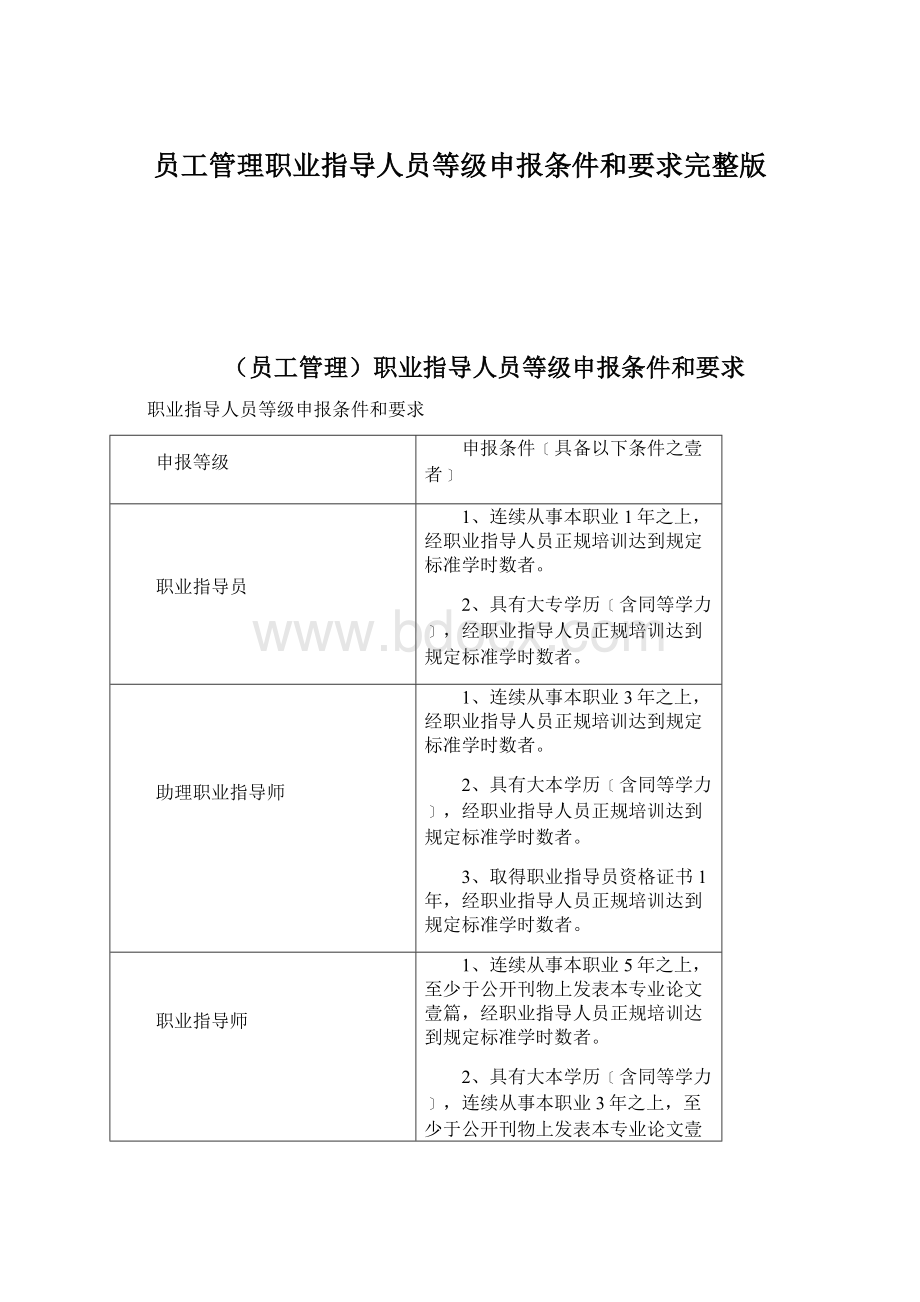 员工管理职业指导人员等级申报条件和要求完整版Word格式文档下载.docx