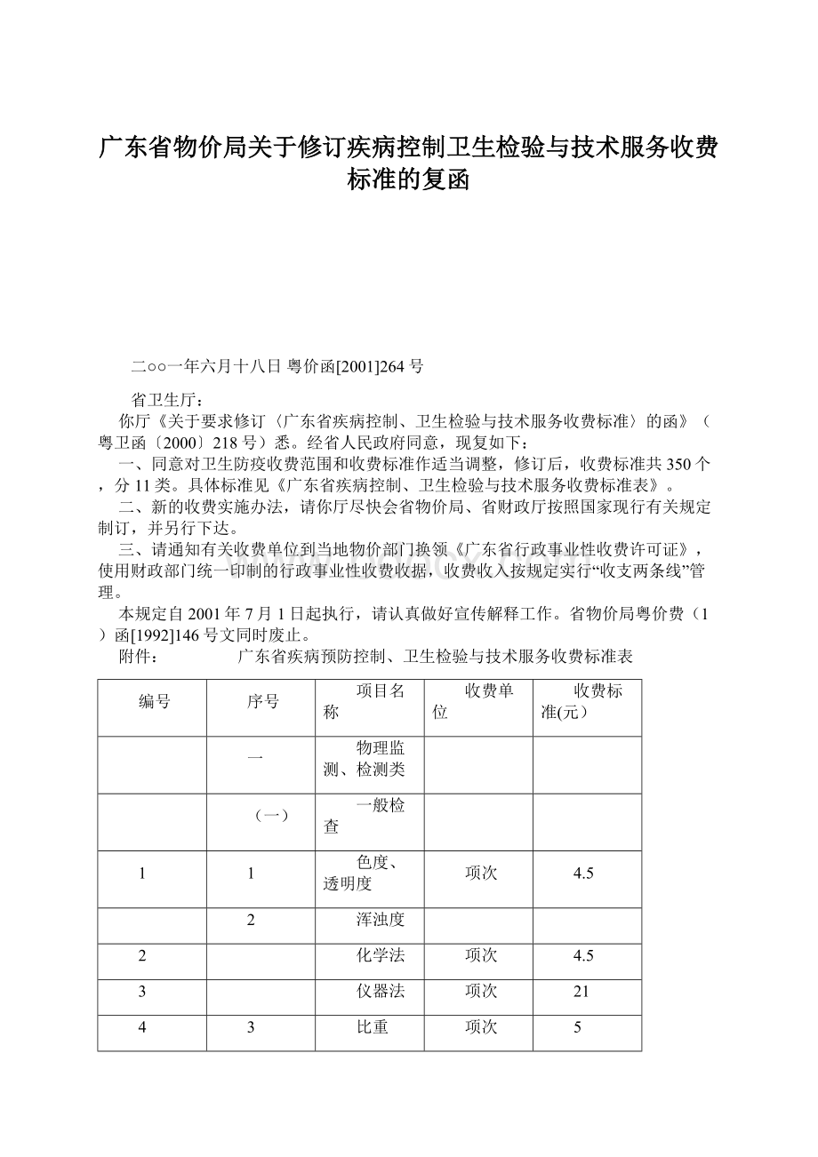 广东省物价局关于修订疾病控制卫生检验与技术服务收费标准的复函.docx_第1页