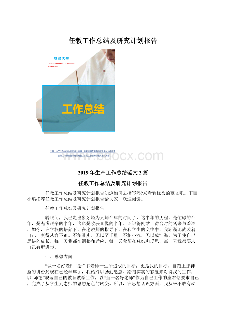 任教工作总结及研究计划报告Word格式.docx