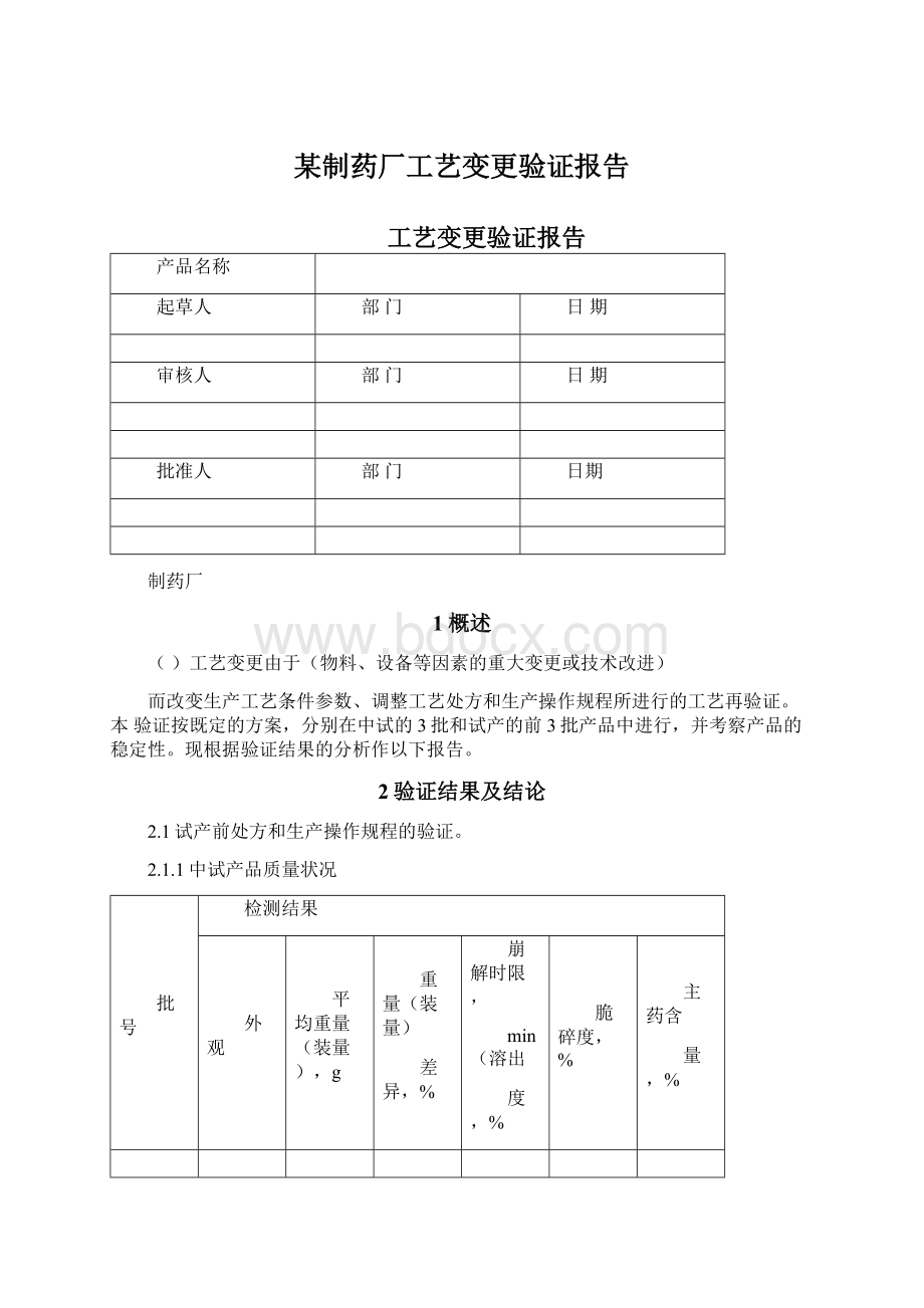 某制药厂工艺变更验证报告Word下载.docx_第1页