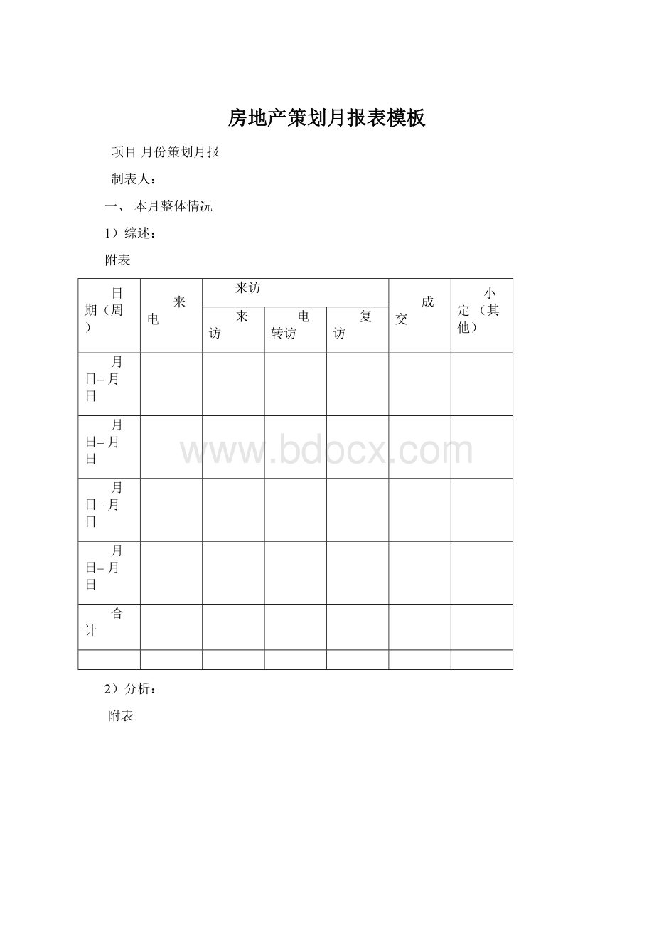 房地产策划月报表模板Word下载.docx