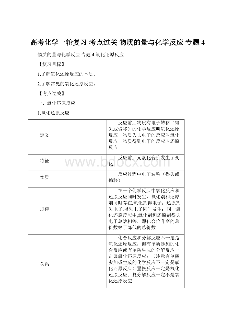 高考化学一轮复习 考点过关 物质的量与化学反应 专题4.docx_第1页