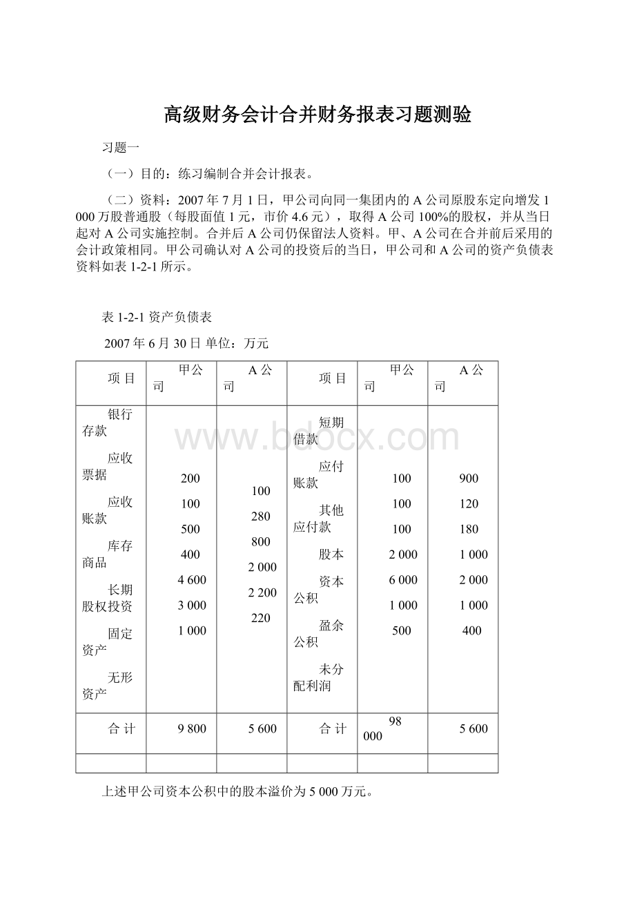 高级财务会计合并财务报表习题测验Word文档格式.docx