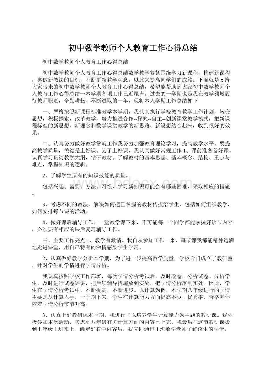 初中数学教师个人教育工作心得总结.docx