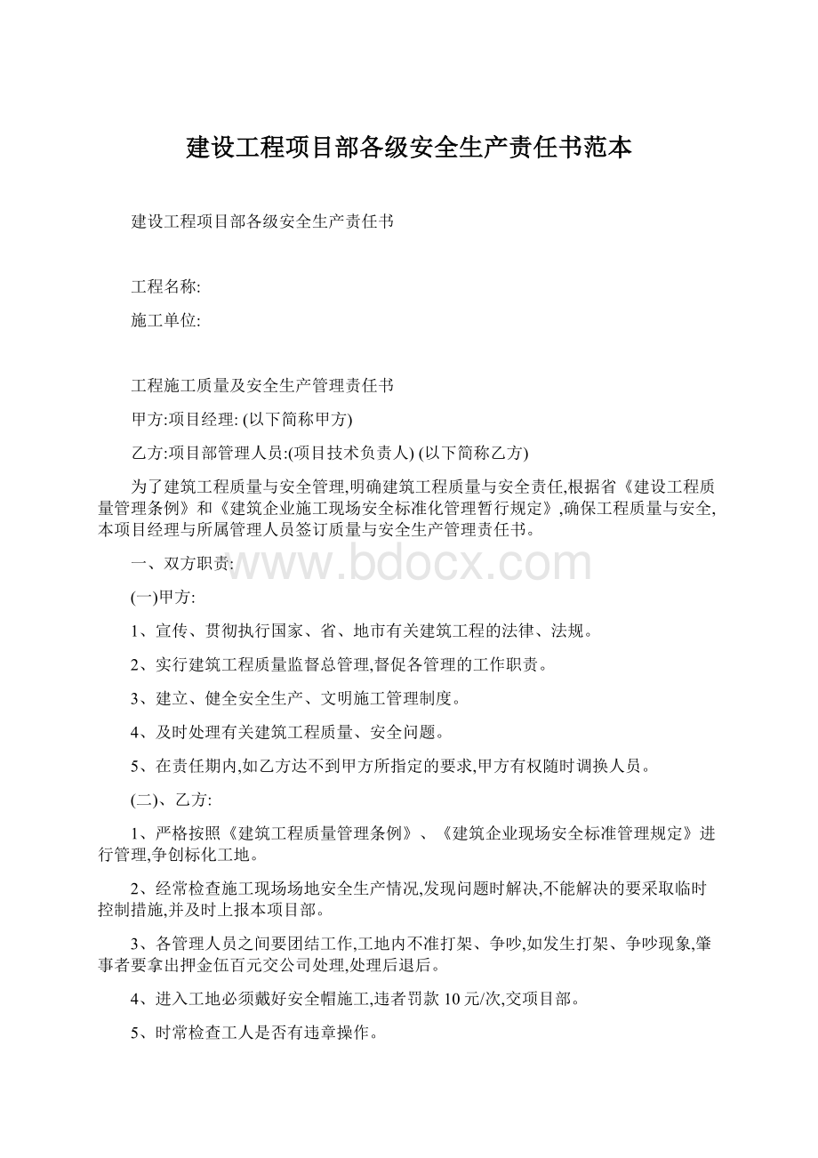 建设工程项目部各级安全生产责任书范本文档格式.docx