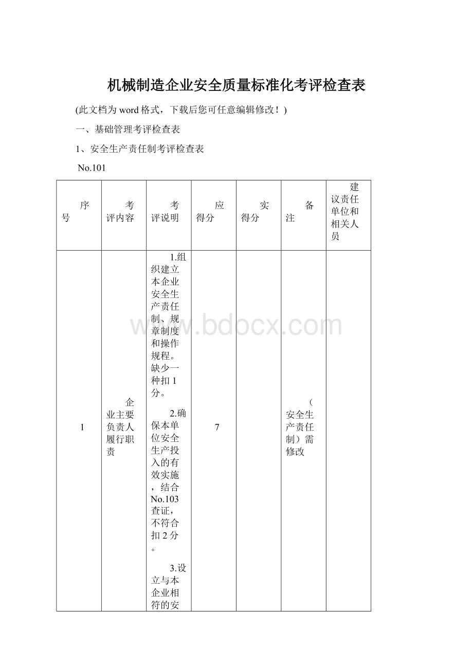 机械制造企业安全质量标准化考评检查表文档格式.docx