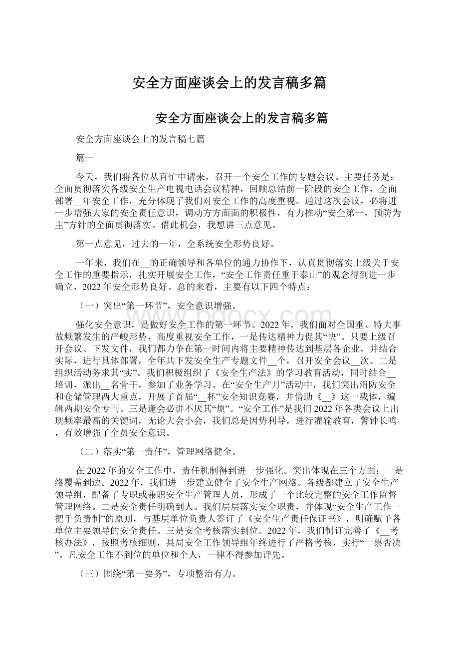 安全方面座谈会上的发言稿多篇Word格式.docx