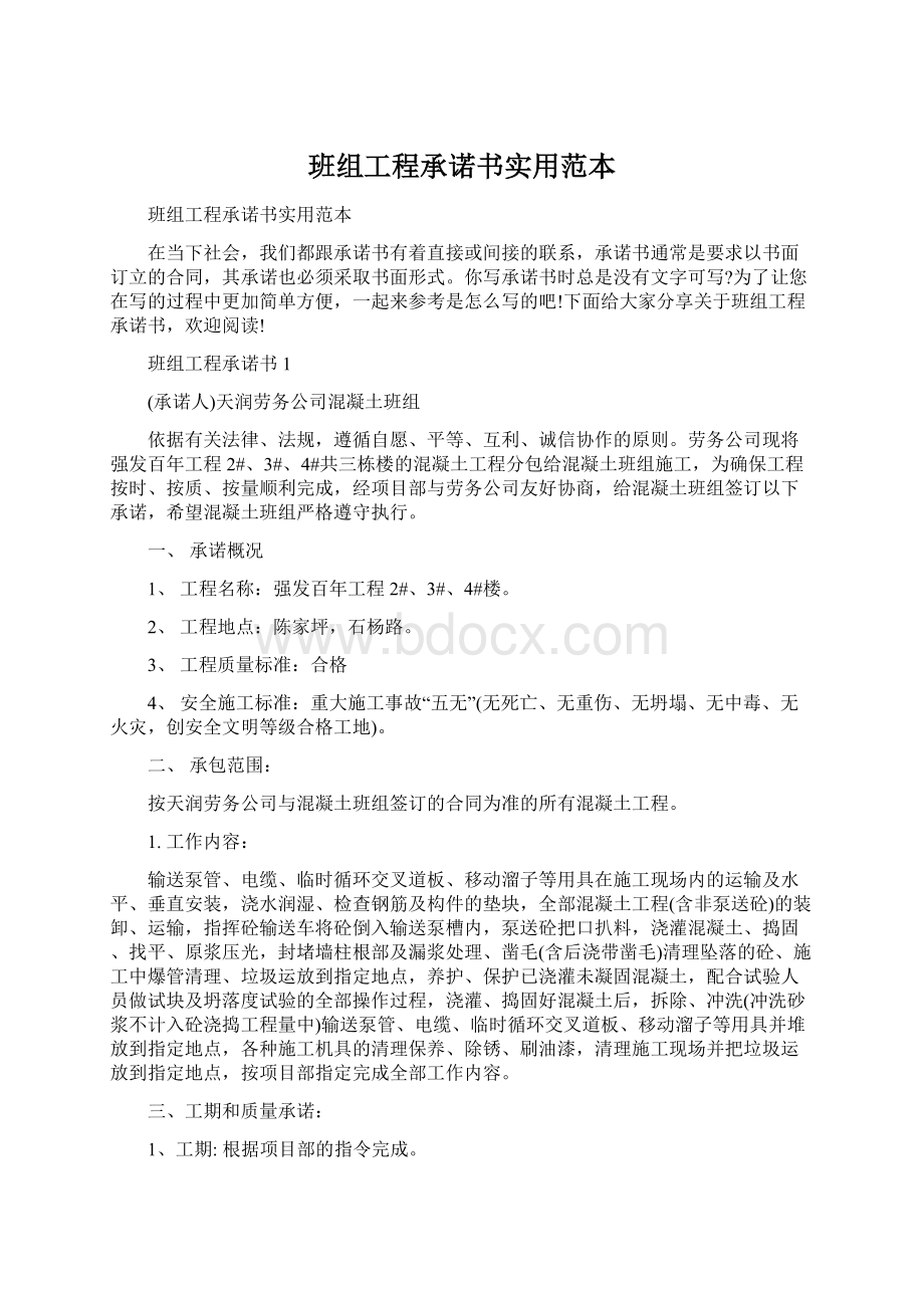 班组工程承诺书实用范本Word文档格式.docx_第1页