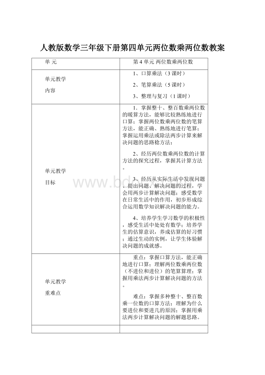 人教版数学三年级下册第四单元两位数乘两位数教案Word文件下载.docx_第1页