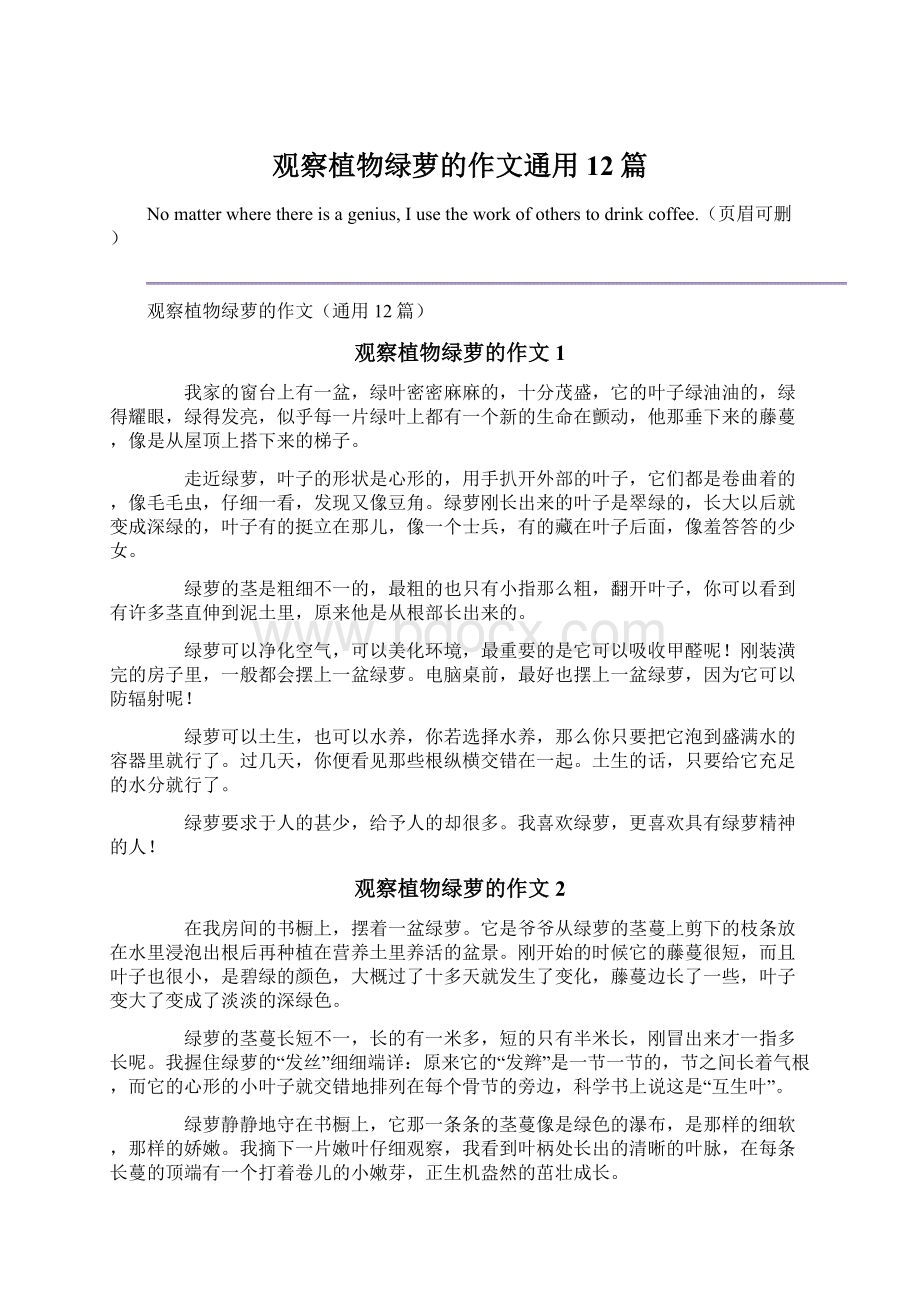 观察植物绿萝的作文通用12篇.docx_第1页