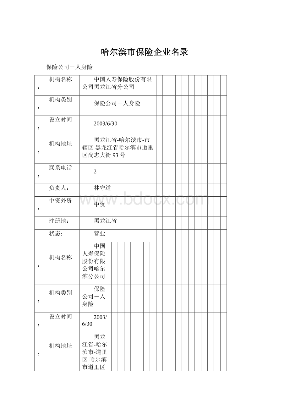 哈尔滨市保险企业名录.docx