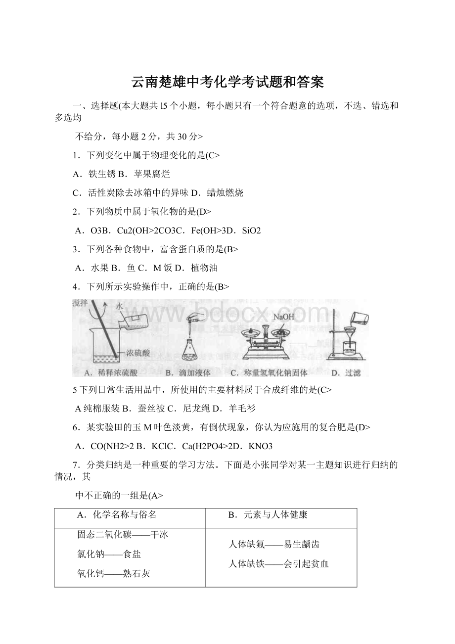 云南楚雄中考化学考试题和答案.docx_第1页