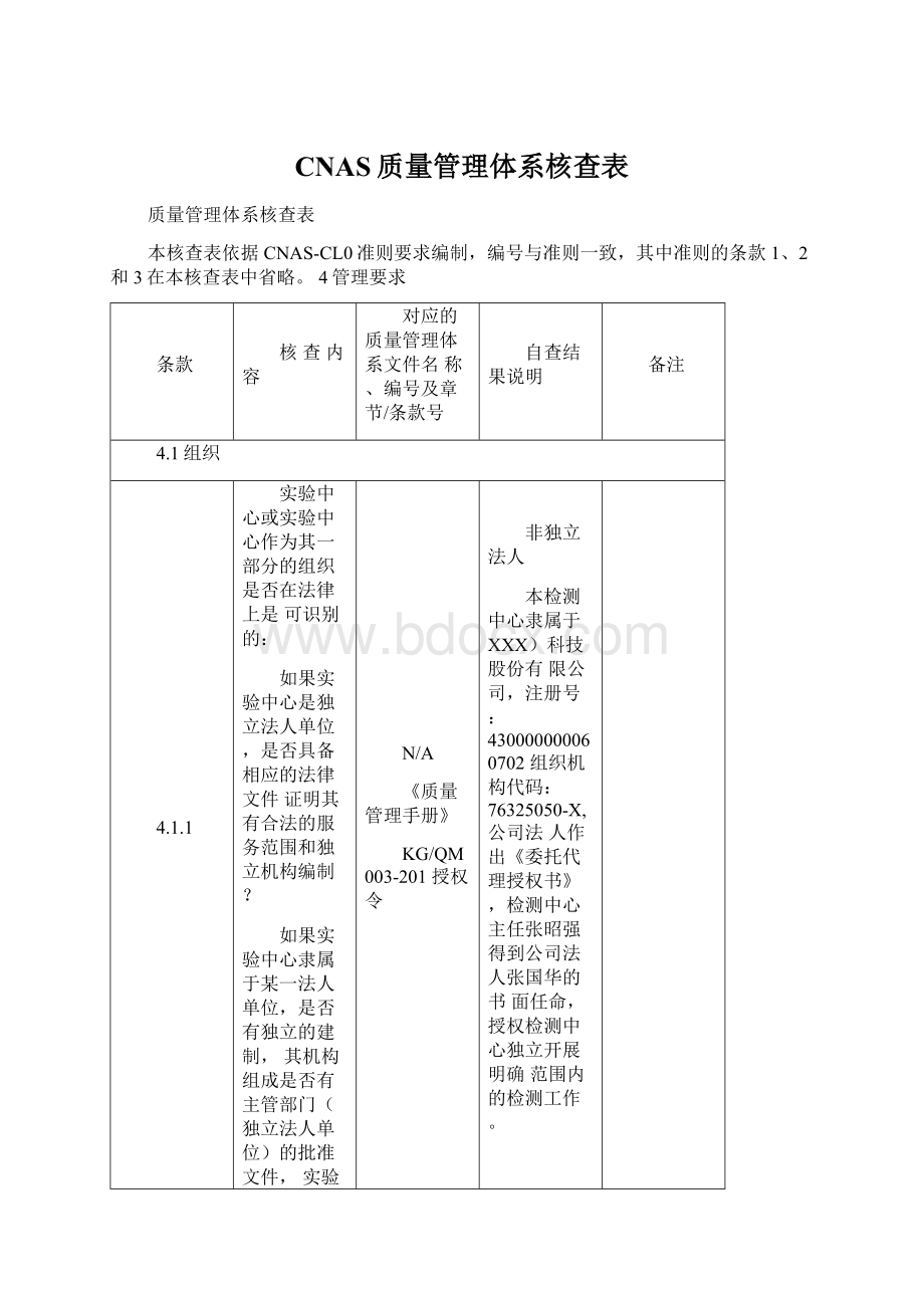 CNAS质量管理体系核查表Word格式文档下载.docx